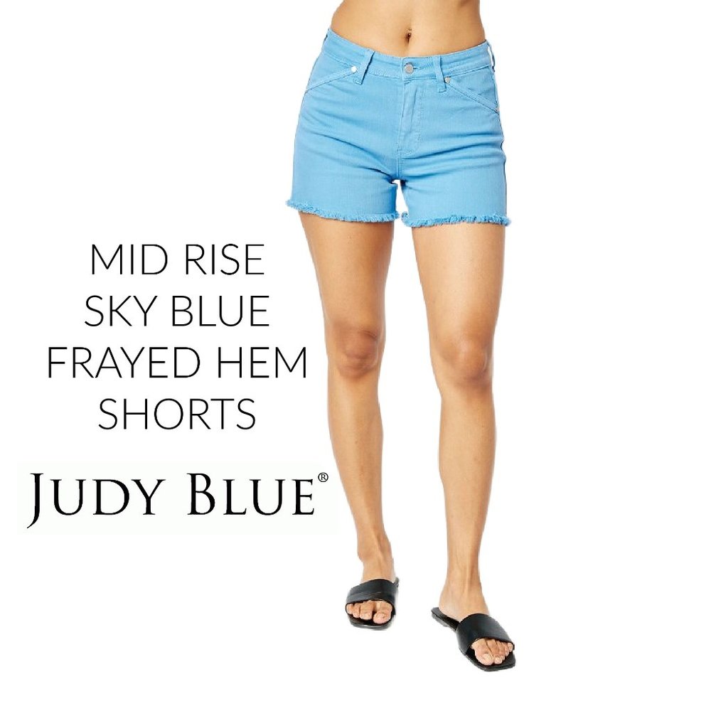 New Judy Blue Garment Dyed Frayed Hem Shorts in Sky Blue